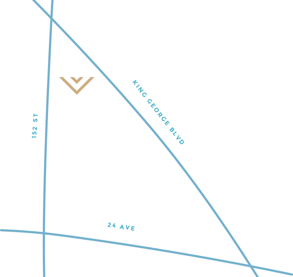 A minimalist line map illustration showing a location pin graphic at the intersection of 152 Street, King George Boulevard, and 24 Avenue.